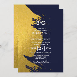 Faux Gold Brushstrokes & Navy Blue met monogram Kaart