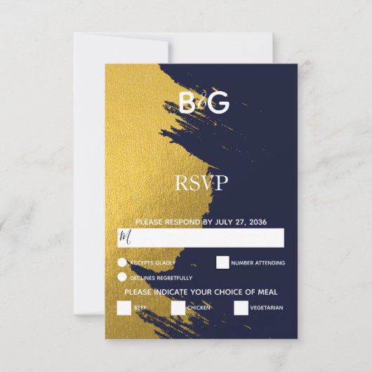 Faux Gold Brushstrokes & Navy Blue met monogram RSVP Kaartje (Voorkant)