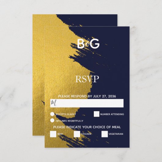Faux Gold Brushstrokes & Navy Blue met monogram RSVP Kaartje (Voorkant / Achterkant)