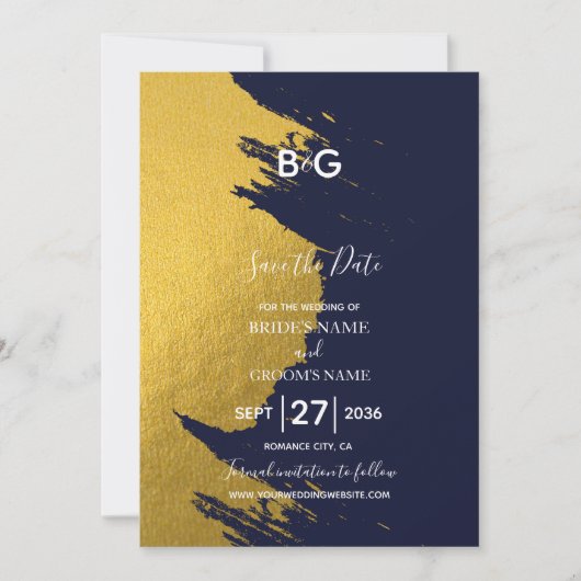 Faux Gold Brushstrokes & Navy Blue met monogram Save The Date (Voorkant)
