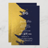 Faux Gold Brushstrokes & Navy Blue met monogram Save The Date (Voorkant / Achterkant)