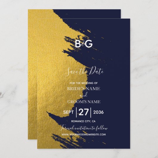 Faux Gold Brushstrokes & Navy Blue met monogram Save The Date (Voorkant / Achterkant)