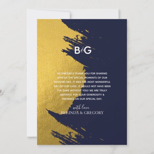 Faux Gold Brushstrokes Navy Blue Monogram Weddensc Bedankkaart (Voorkant)