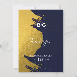 Faux Gold Brushstrokes Navy Blue Monogram Weddensc Bedankkaart