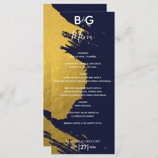 Faux Gold Brushstrokes Navy Blue Monogram Weddensc Menu (Voorkant / Achterkant)