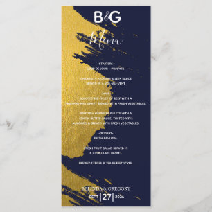 Faux Gold Brushstrokes Navy Blue Monogram Weddensc Menu