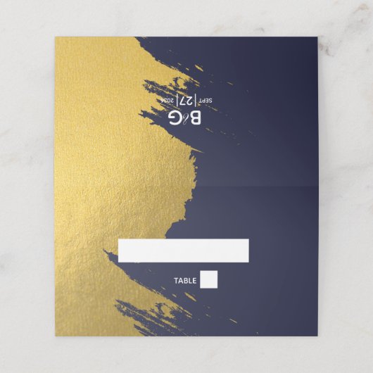 Faux Gold Brushstrokes & Navy Blue Wedding Plaatskaartje (Buitenkant ongevouwen)