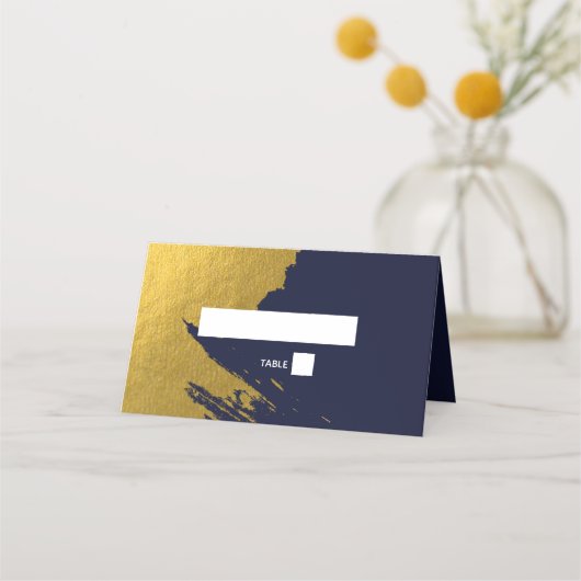Faux Gold Brushstrokes & Navy Blue Wedding Plaatskaartje (Voorkant)