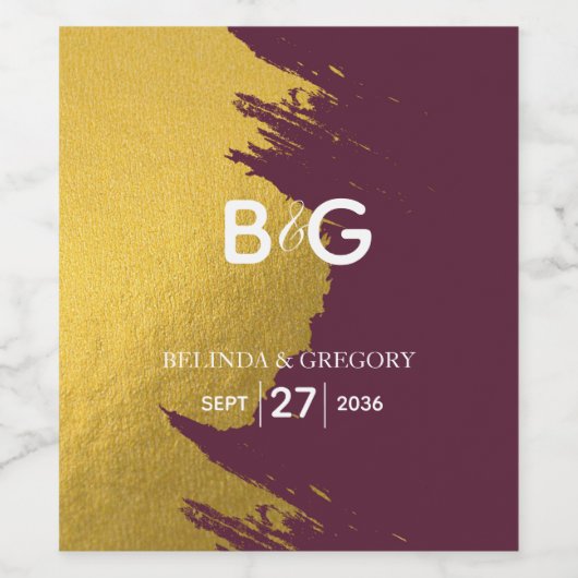 Faux Gold Burgundy, Monogram Weddenschap Wijn Etiket (Enkel label)