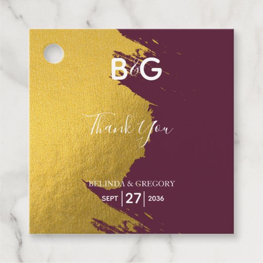 Faux Gold Burgundy, Monogram Wedding Gift Bedankjes Labels (Voorkant)