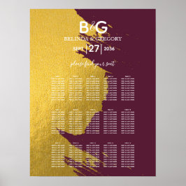 Faux Gold Burgundy, Monogram Wedding Seating Chart Poster