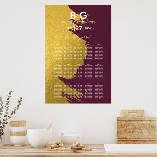Faux Gold Burgundy, Monogram Wedding Seating Chart Poster (Keuken)