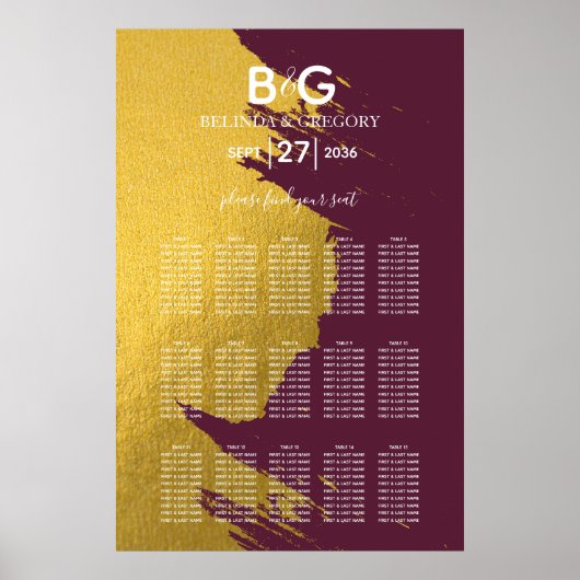 Faux Gold Burgundy, Monogram Wedding Seating Chart Poster (Voorkant)