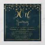 Faux Gold Calligraphy 50th Jubileum Invitation Kaart<br><div class="desc">Deze uitnodiging voor de 50ste trouwdag is simpel maar elegant. Hij heeft een faux goudkalligrafie boven aan de uitnodiging en een confetti. Ik heb ook een faux gouden dubbele grens toegevoegd. De achtergrond is een zeer donkerblauw getextureerd afbeelding. Deze elegante faux goudkalligrafie van de 50ste trouwdag is klaar om gepersonaliseerd...</div>