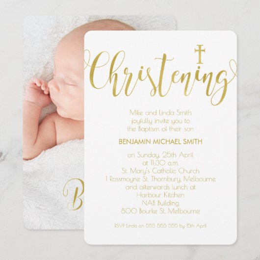Faux Gold Calligraphy Photo Christening Invitation Kaart (Voorkant / Achterkant)