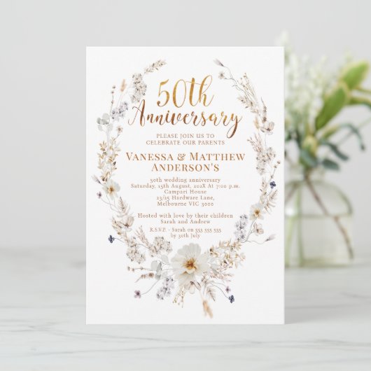 Faux Gold Calligraphy Wildflower 50ste Jubileum Kaart (Staand voorkant)