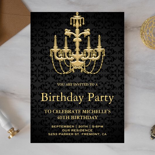 Faux Gold  Chandelier Birthday Party Kaart