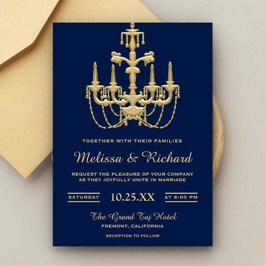 Faux Gold  Chandelier Wedding Invitation Kaart