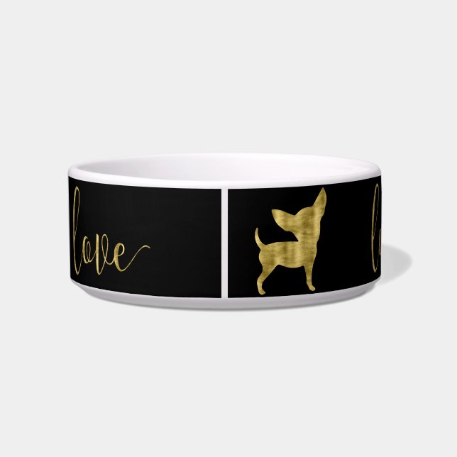 Faux Gold Chihuahua Love Black Pet Bowl Voerbakje (Achterkant)