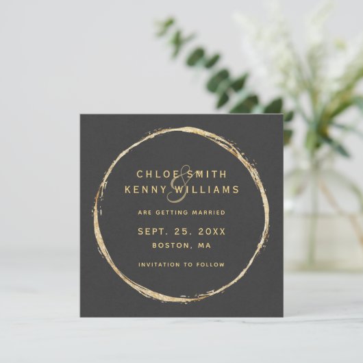 Faux Gold Circle & Rustic Kraft Paper Square Save The Date (Staand voorkant)