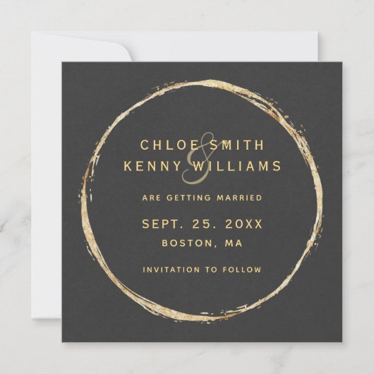 Faux Gold Circle & Rustic Kraft Paper Square Save The Date (Voorkant)