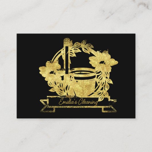 Faux Gold Cleaning Floral Broom Pail Logo Visitekaartje (Voorkant)