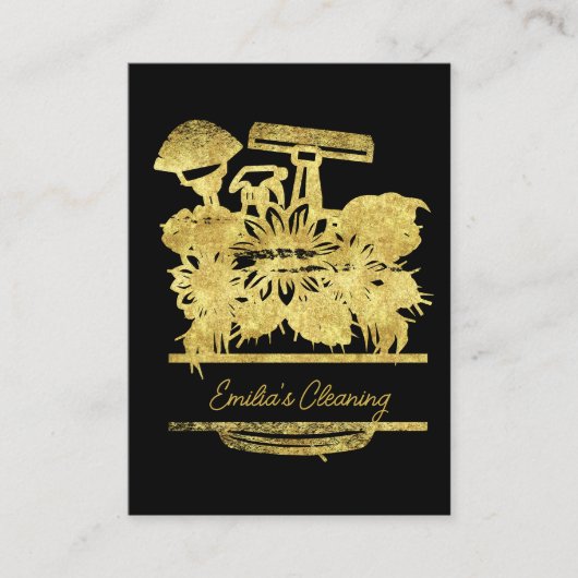 Faux Gold Cleaning Floral Script Logo Visitekaartje (Voorkant)