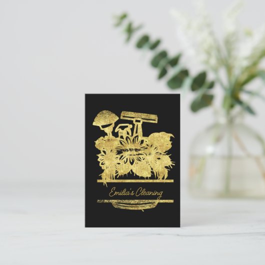 Faux Gold Cleaning Floral Script Logo Visitekaartje (Staand voorkant)