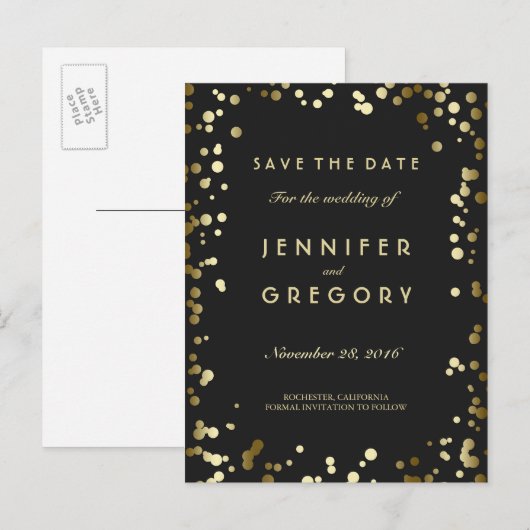 Faux Gold Confetti Black Save the Date Briefkaarte Aankondigingskaart (Voorkant / Achterkant)