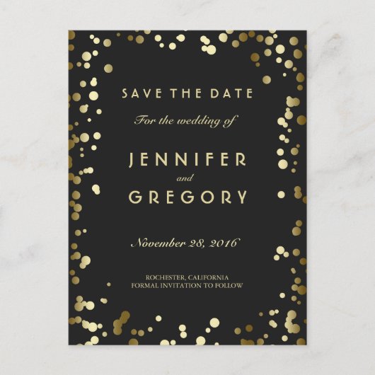 Faux Gold Confetti Black Save the Date Briefkaarte Aankondigingskaart (Voorkant)
