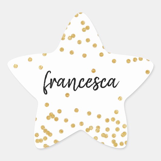 Faux Gold Confetti en Brush Lettered Name Ster Sticker (Voorkant)
