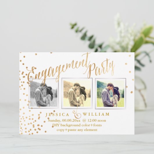 Faux Gold Confetti Engagement Party Kaart (Staand voorkant)