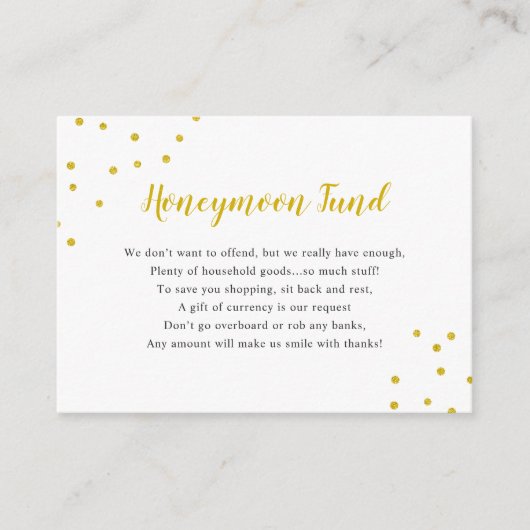 Faux Gold Confetti Honeymoon Fund Informatiekaartje (Voorkant)