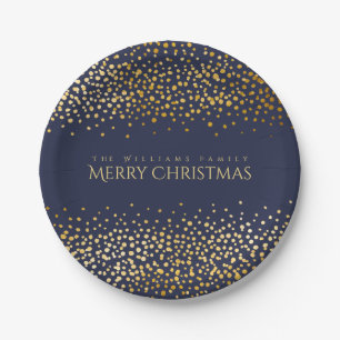 Faux Gold Confetti Merry Christmas Monogram Blauw Papieren Bordje