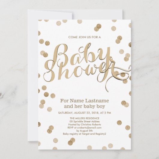Faux Gold Confetti Modern Baby shower Invitation Kaart (Voorkant)