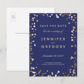 Faux Gold Confetti Navy Save the Date Briefkaarten (Voorkant / Achterkant)