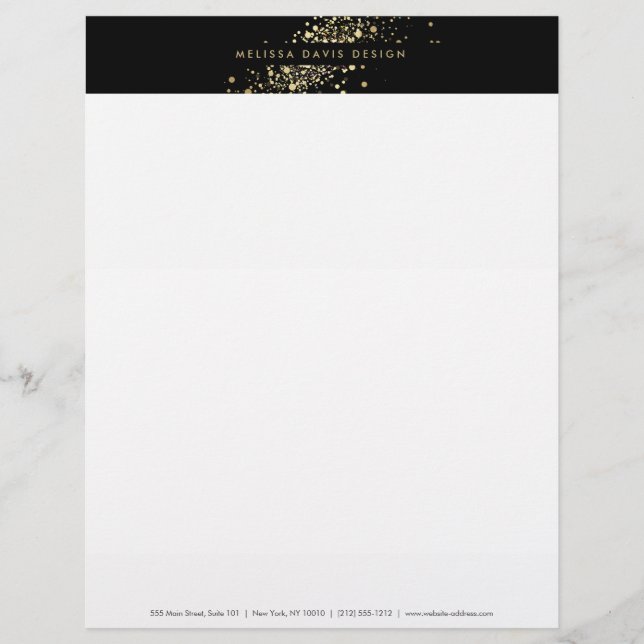 Faux Gold Confetti op Black Modern Letterhead Briefhoofd (Voorkant)