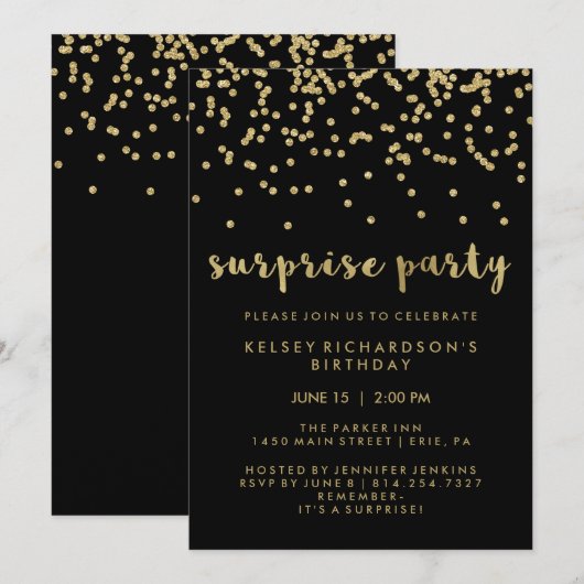 Faux Gold Confetti op Black Surprise Party Kaart (Voorkant / Achterkant)