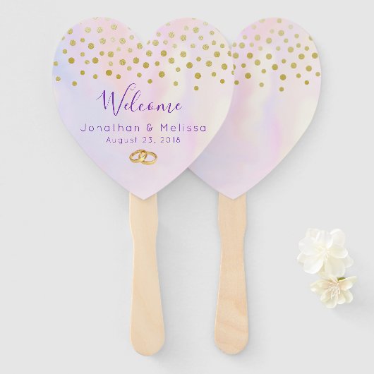 Faux Gold Confetti op Paarse Waterverf bruiloft Handwaaier (Voorkant en achterkant)