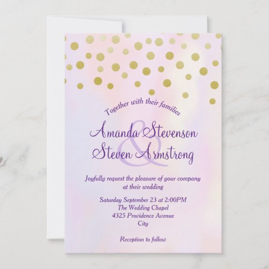 Faux Gold Confetti op Paarse Waterverf bruiloft Kaart (Voorkant)