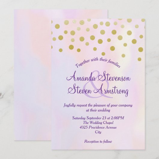 Faux Gold Confetti op Paarse Waterverf bruiloft Kaart (Voorkant / Achterkant)