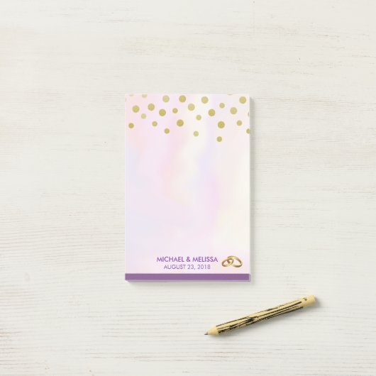 Faux Gold Confetti op Paarse Waterverf bruiloft Post-it® Notes (Op bureau)