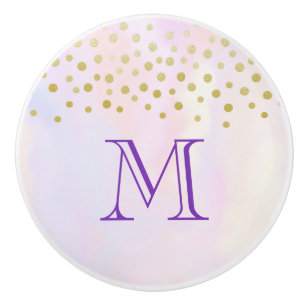 Faux Gold Confetti op Paarse Waterverf Monogram Keramische Knop