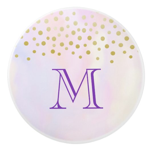 Faux Gold Confetti op Paarse Waterverf Monogram Keramische Knop (Voorkant)
