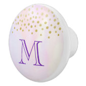 Faux Gold Confetti op Paarse Waterverf Monogram Keramische Knop (Rechts)