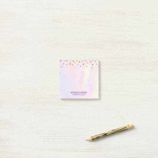 Faux Gold Confetti op Paarse Waterverf Post-it® Notes (Op bureau)