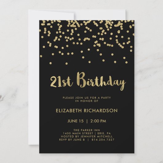 Faux Gold Confetti op zwart | 21e verjaardagsfeest Kaart (Voorkant)