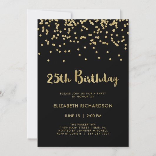 Faux Gold Confetti op zwart | 25e verjaardag Kaart (Voorkant)