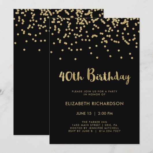 Faux Gold Confetti op zwart | 40e verjaardag Kaart (Voorkant / Achterkant)