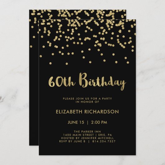 Faux Gold Confetti op zwart | 60e verjaardag Kaart (Voorkant / Achterkant)